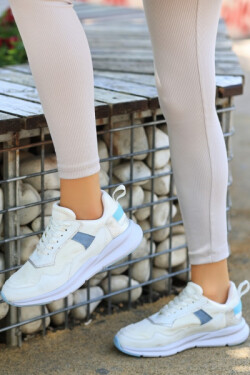 Beyaz Joox Cilt Mavi Detaylı Bağcıklı Spor Ayakkabı