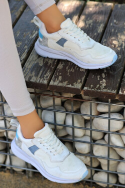 Beyaz Joox Cilt Mavi Detaylı Bağcıklı Spor Ayakkabı