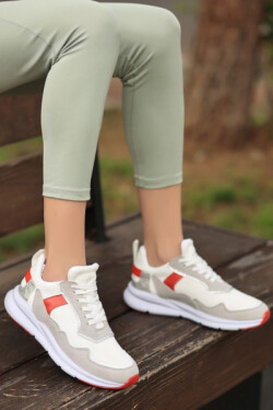 Beyaz Joox Süet Kırmızı Detaylı Bağcıklı Spor Ayakkabı