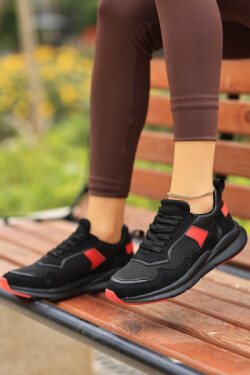 Siyah Joox Süet Kırmızı Detaylı Bağcıklı Spor Ayakkabı