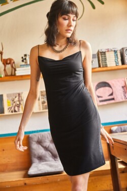 Siyah İp Askılı Mini Sandy Örme Elbise