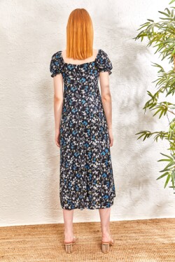 Lacivert Yakası Lastikli Desenli Midi Elbise