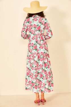 Pembe Çiçek Desenli Önü Düğmeli Uzun Elbise