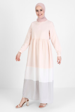 Pudra Renk Bloklu Eteği Geniş Pamuklu Elbise