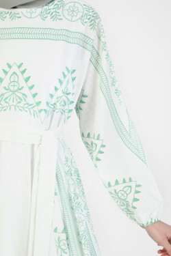 Yeşil Etnik Desen Geniş Etekli Bordür Desenli Casual Elbise