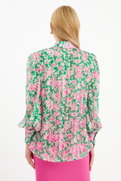 Yeşil Fırfır Yaka Çiçek Desenli Bluz