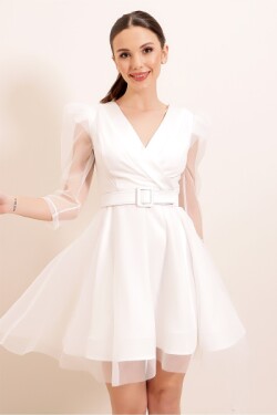 Beyaz Kruvaze Yaka Balon Kol Kemerli Mini Elbise