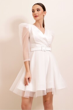 Beyaz Kruvaze Yaka Balon Kol Kemerli Mini Elbise