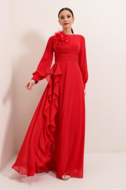 Kırmızı Önü Çiçek Detaylı Pileli Yanı Volanlı Astarlı Uzun Şifon Abiye Elbise