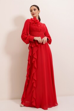 Kırmızı Önü Çiçek Detaylı Pileli Yanı Volanlı Astarlı Uzun Şifon Abiye Elbise