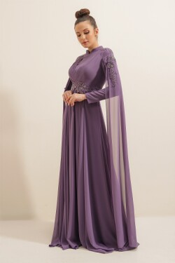 Lila Boncuk İşlemeli Güpürlü Önü Pileli Astarlı Uzun Şifon Abiye Elbise