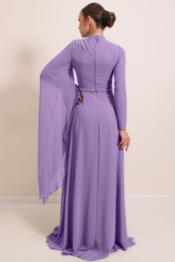 Lila Omuz Ve Bel Boncuk Detaylı Astarlı Şifon Uzun Abiye Elbise