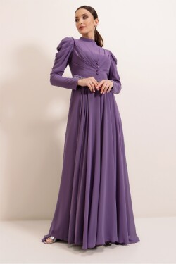 Lila Önü Düğme Detaylı Pileli Beli Boncuk Kemerli Astarlı Uzun Şifon Abiye Elbise
