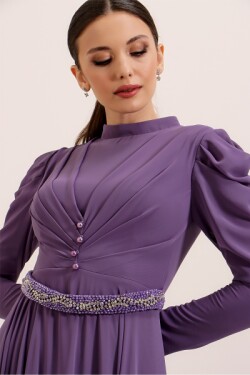 Lila Önü Düğme Detaylı Pileli Beli Boncuk Kemerli Astarlı Uzun Şifon Abiye Elbise
