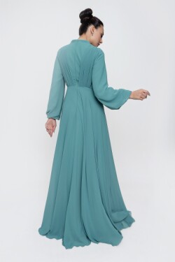 Mint Üstü Pileli Beli Boncuk Güpür Detaylı Astarlı Uzun Şifon Abiye Elbise