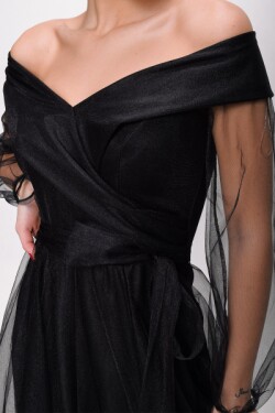 Siyah Bağcıklı Balon Kol Tül Uzun Abiye Elbise