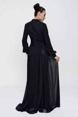 Siyah Beli Piliseli Dantel Detaylı Astarlı Uzun Şifon Abiye Elbise