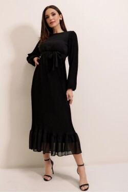 Siyah Eteği Fırfırlı Beli Kuşaklı Astarlı Piliseli Uzun Şifon Abiye Elbise