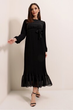 Siyah Eteği Fırfırlı Beli Kuşaklı Astarlı Piliseli Uzun Şifon Abiye Elbise