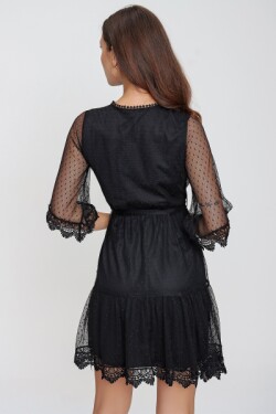Siyah Kruvaze Yaka Beli Kuşaklı Astarlı Benekli Tül Mini Abiye Elbise