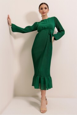 Yeşil Eteği Fırfırlı Beli Kuşaklı Astarlı Piliseli Uzun Şifon Abiye Elbise