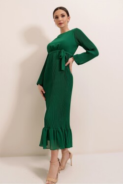 Yeşil Eteği Fırfırlı Beli Kuşaklı Astarlı Piliseli Uzun Şifon Abiye Elbise