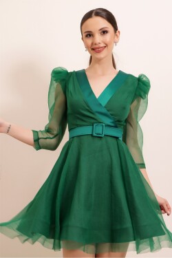 Yeşil Kruvaze Yaka Balon Kol Kemerli Mini Elbise