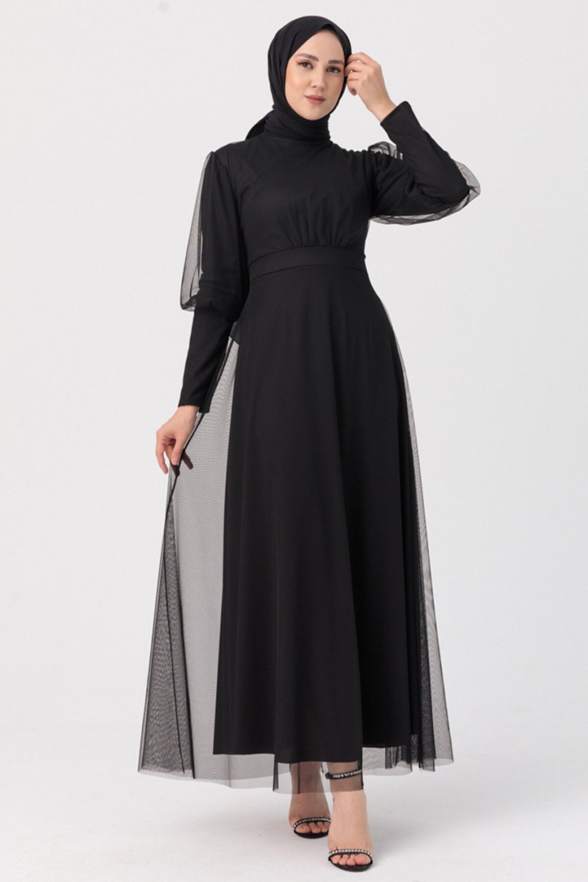 Tofisa Siyah Şifon Abiye Elbise