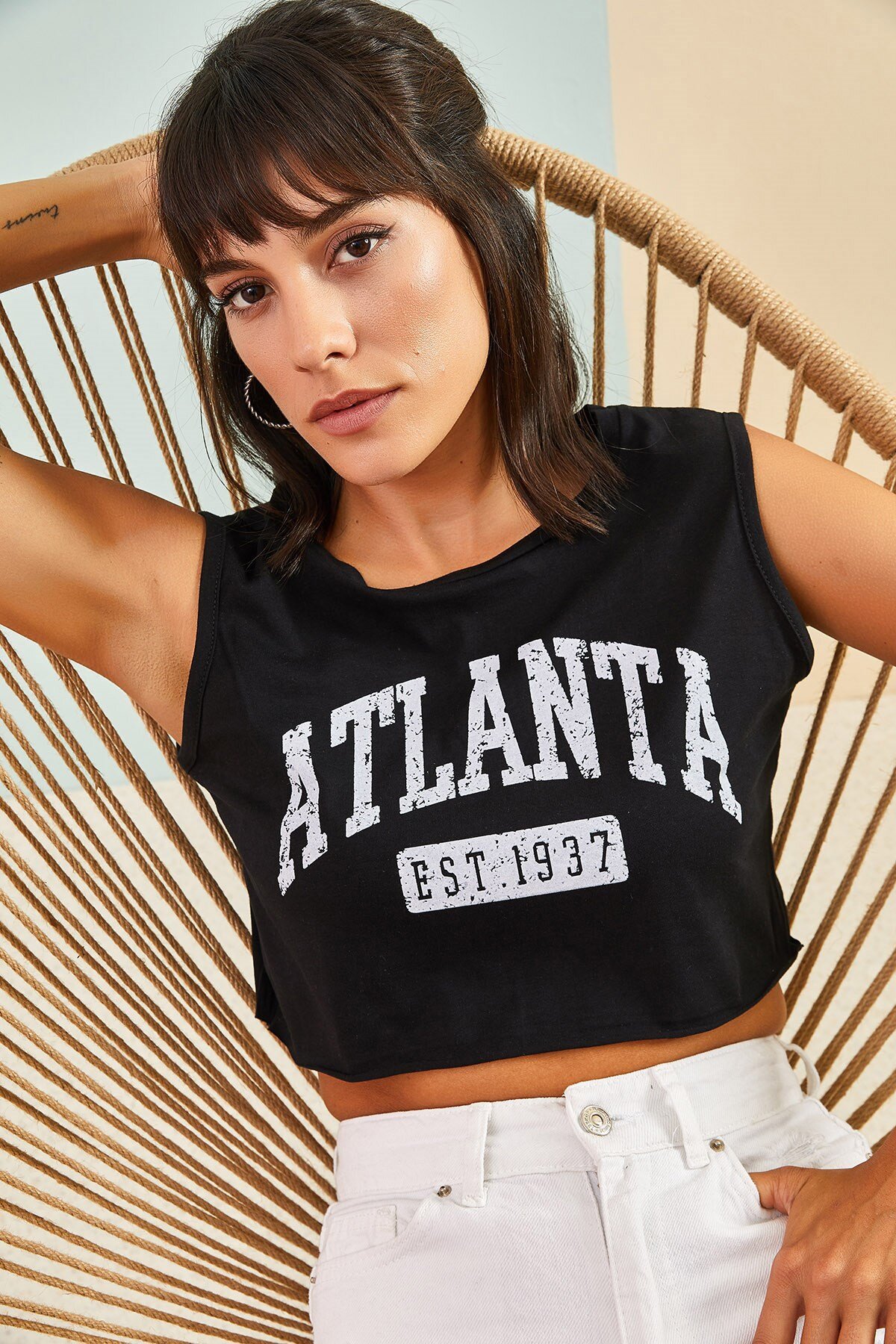 Bianco Lucci Siyah Atlanta Baskılı Oversize Tshirt