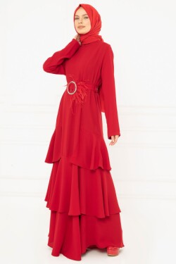 Kırmızı Volan Detaylı Abiye Elbise