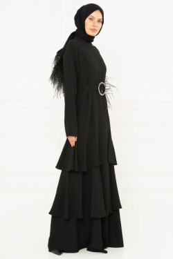 Siyah Volan Detaylı Abiye Elbise