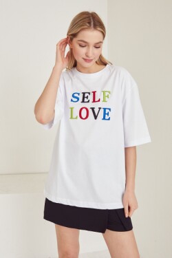Beyaz Self Love Baskılı T Shirt