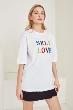 Beyaz Self Love Baskılı T Shirt