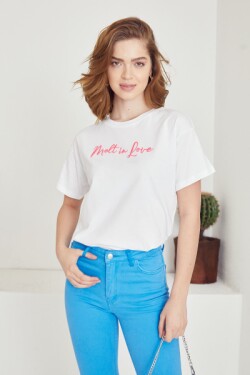 Beyaz/fuşya Yazılı T Shirt