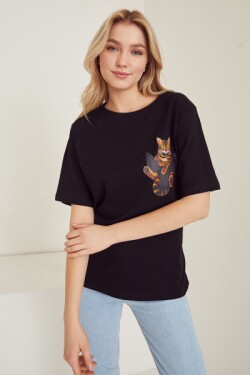 Siyah Kedi Baskılı T Shirt