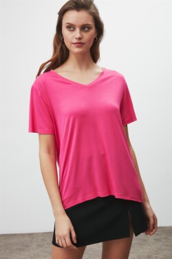 Pembe Violet Örme Comfort Fit T-shirt