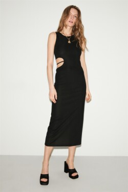 Siyah Hazel Örme Slim Fit Midi Elbise