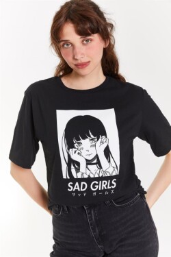 Siyah Sad Girls Baskılı T-shirt