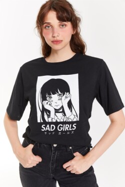 Siyah Sad Girls Baskılı T-shirt