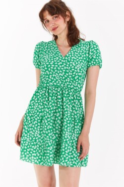 Yeşil Kruvaze Yaka Kaşkorse Desenli Mini Elbise