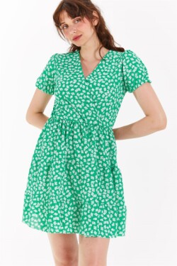 Yeşil Kruvaze Yaka Kaşkorse Desenli Mini Elbise