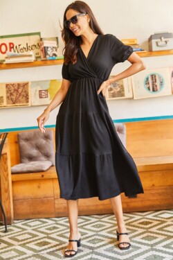 Siyah Kruvaze Beli Lastikli Eteği Parçalı Örme Midi Elbise