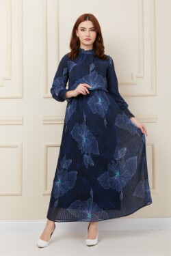 Lacivert Önü Büzgülü Piliseli Şifon Elbise