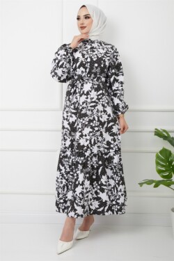 Siyah Beyaz Hakim Yaka Eteği Fırfırlı Çiçek Desenli Elbise