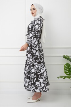 Siyah Beyaz Hakim Yaka Eteği Fırfırlı Çiçek Desenli Elbise