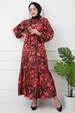 Siyah Mercan Hakim Yaka Eteği Fırfırlı Çiçek Desenli Elbise