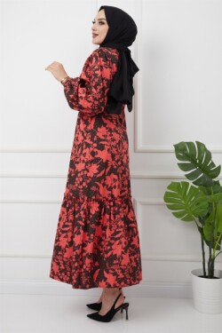 Siyah Mercan Hakim Yaka Eteği Fırfırlı Çiçek Desenli Elbise