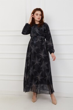 Siyah Önü Volan Detaylı Desenli Şifon Elbise