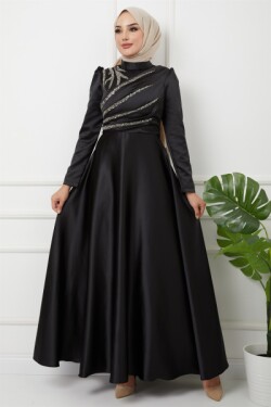 Siyah Önü Volan Ve Taş Detaylı Saten Abiye Elbise