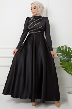 Siyah Önü Volan Ve Taş Detaylı Saten Abiye Elbise